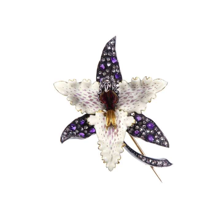 Enamel, diamond and cabochon amethyst orchid flower brooch